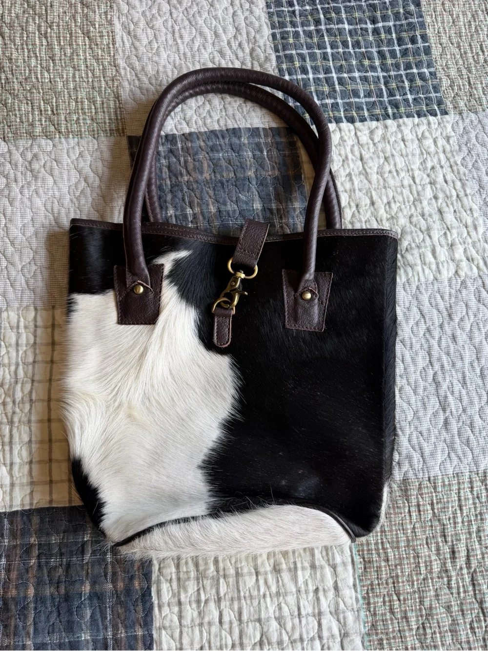 Cowhide Black and White Tote with Brown Leather Handles